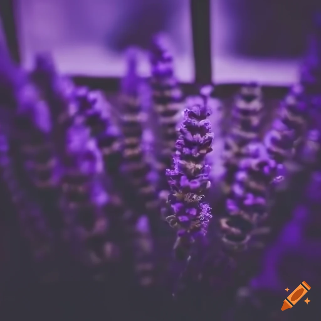 grunge-style photograph of lavender flowers in a pot by the window