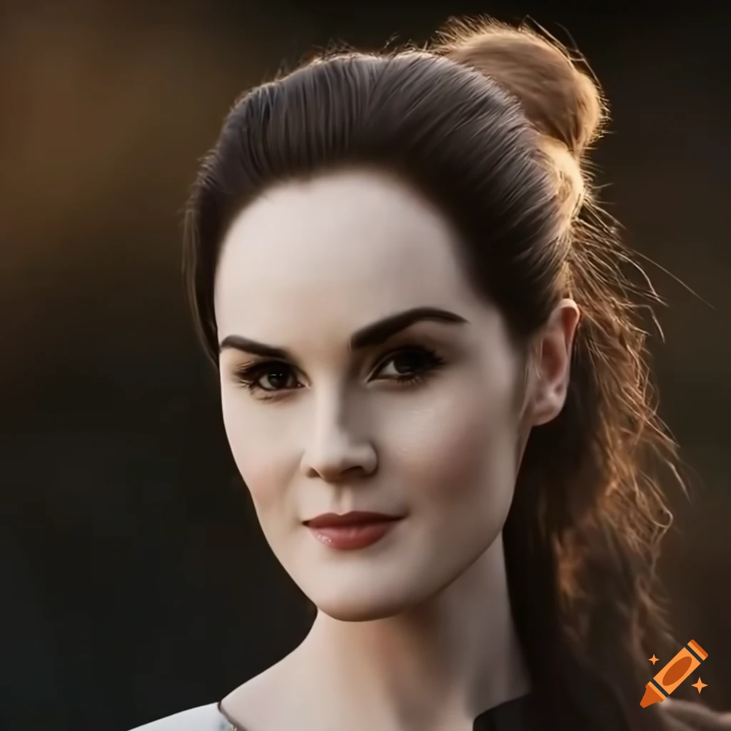 close-up portrait of Michelle Dockery as Selphie in horse riding clothes