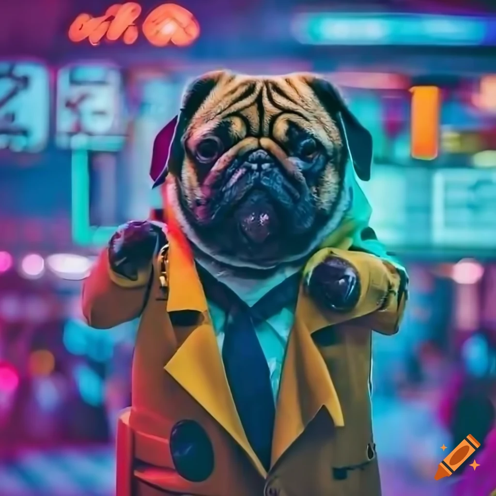 close-up photo of a pug in a trench coat suit in a futuristic Japanese market
