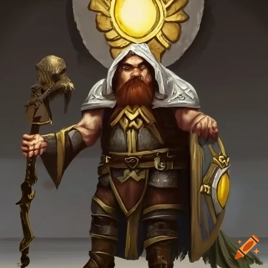 image of a cloaked dwarf cleric with a mirror shield