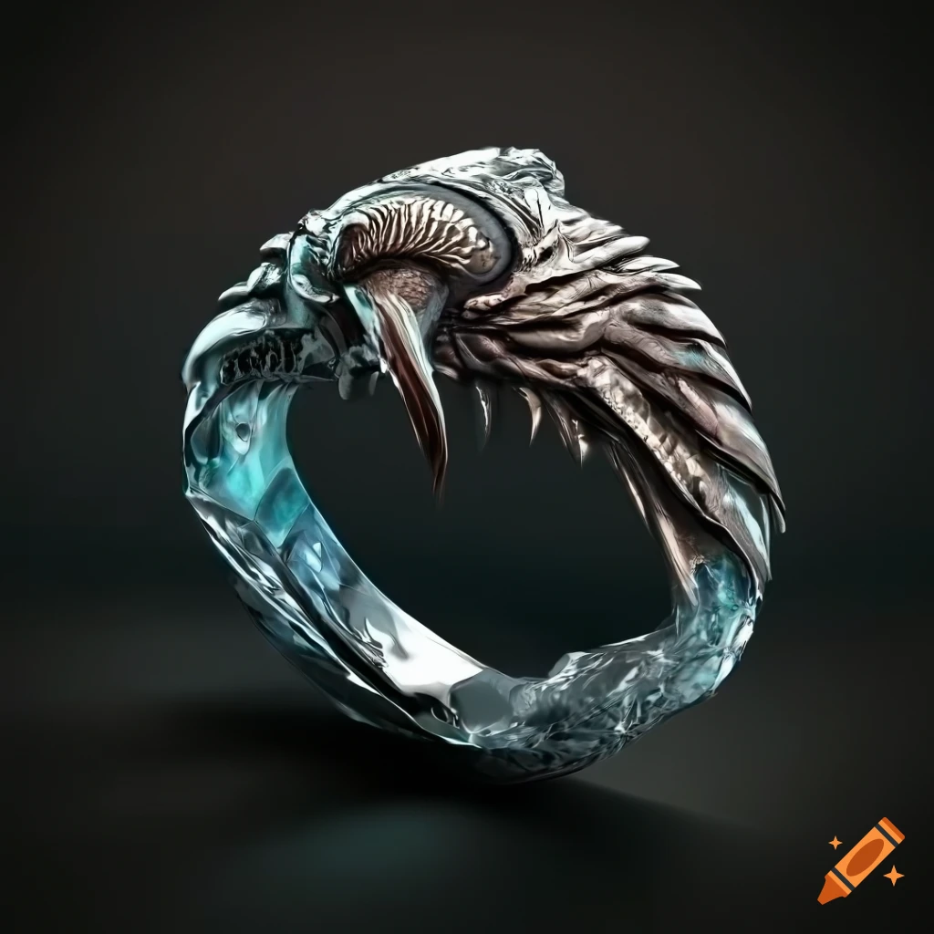 photorealistic depiction of an ice ring with a raven insignia