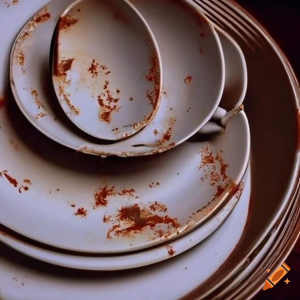dirty plates, cups, spoons, and forks