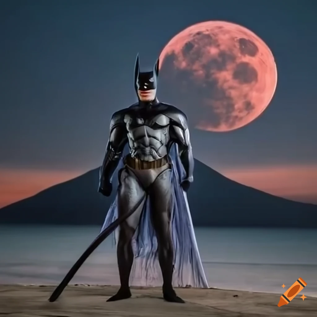 batman with katana in front of mt fuji