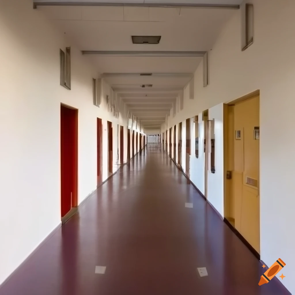 a school corridor with classrooms and a hall