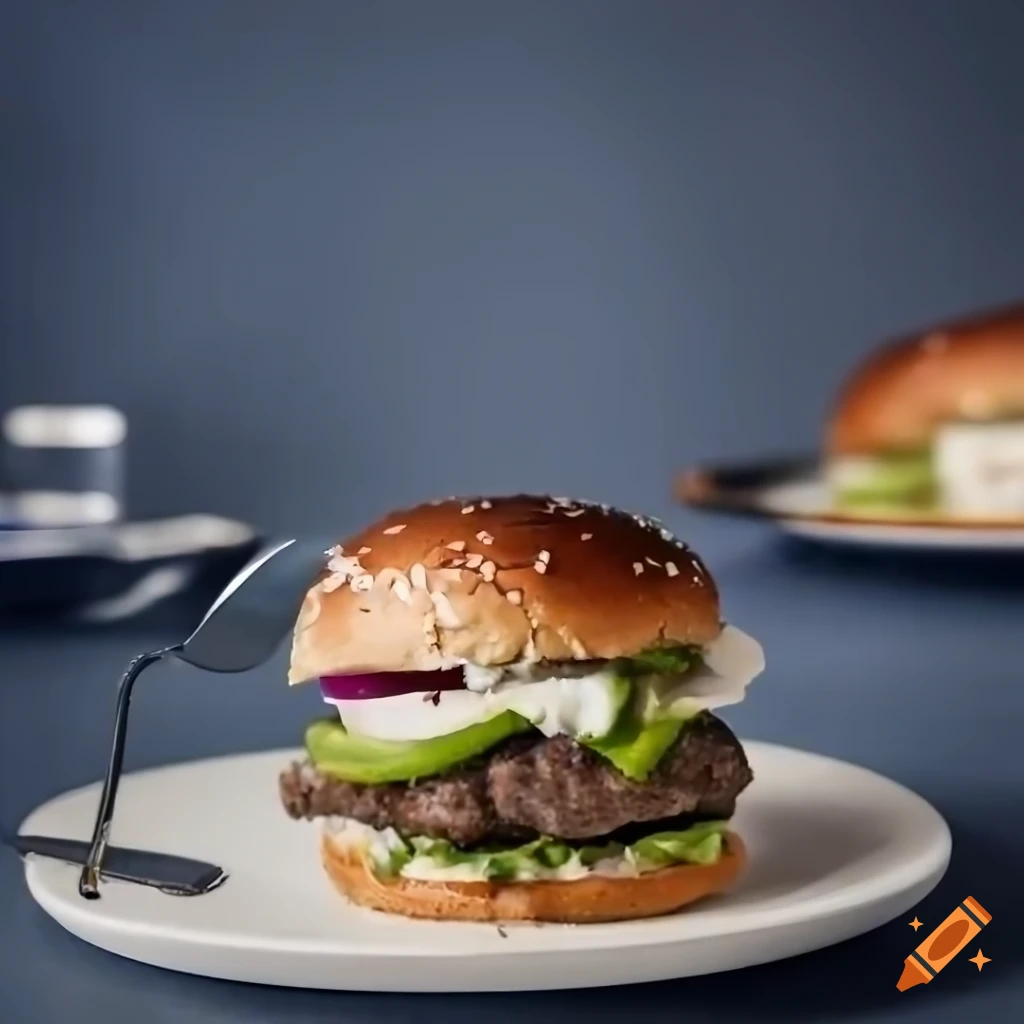 gourmet burger with smashed meat, emmentaler, avocado, lettuce, and jalapenos