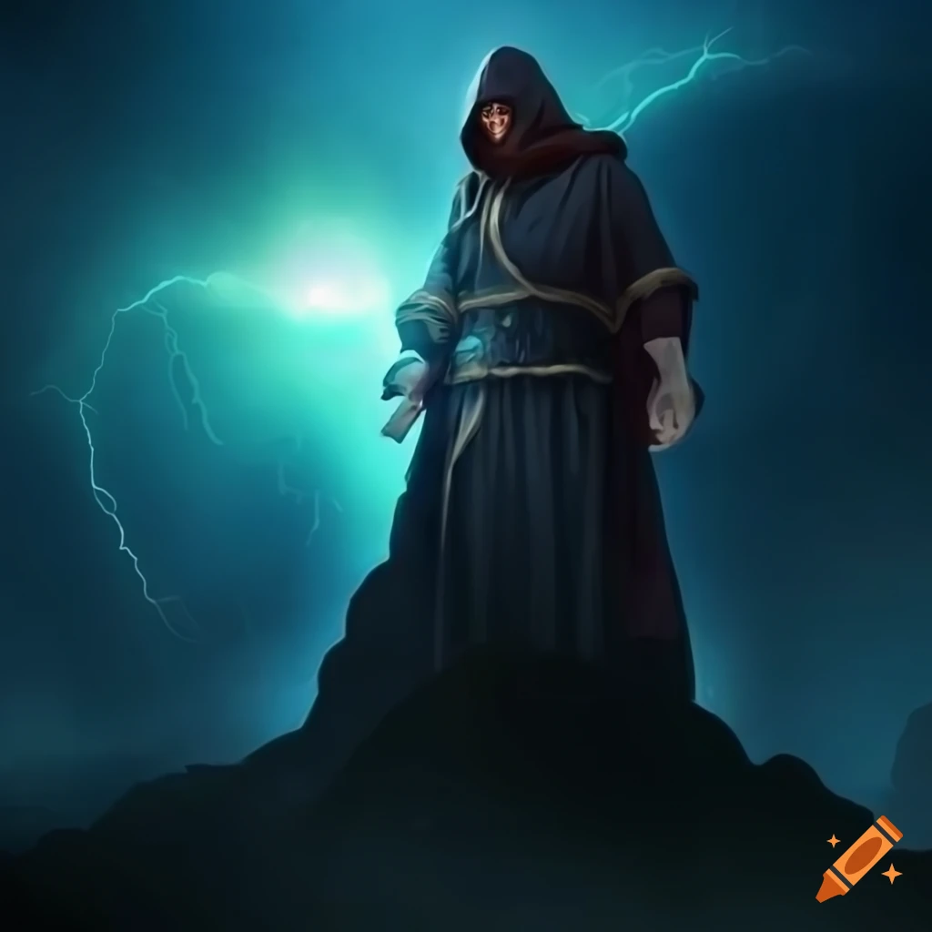 image of a hooded monk standing on a stormy mountain