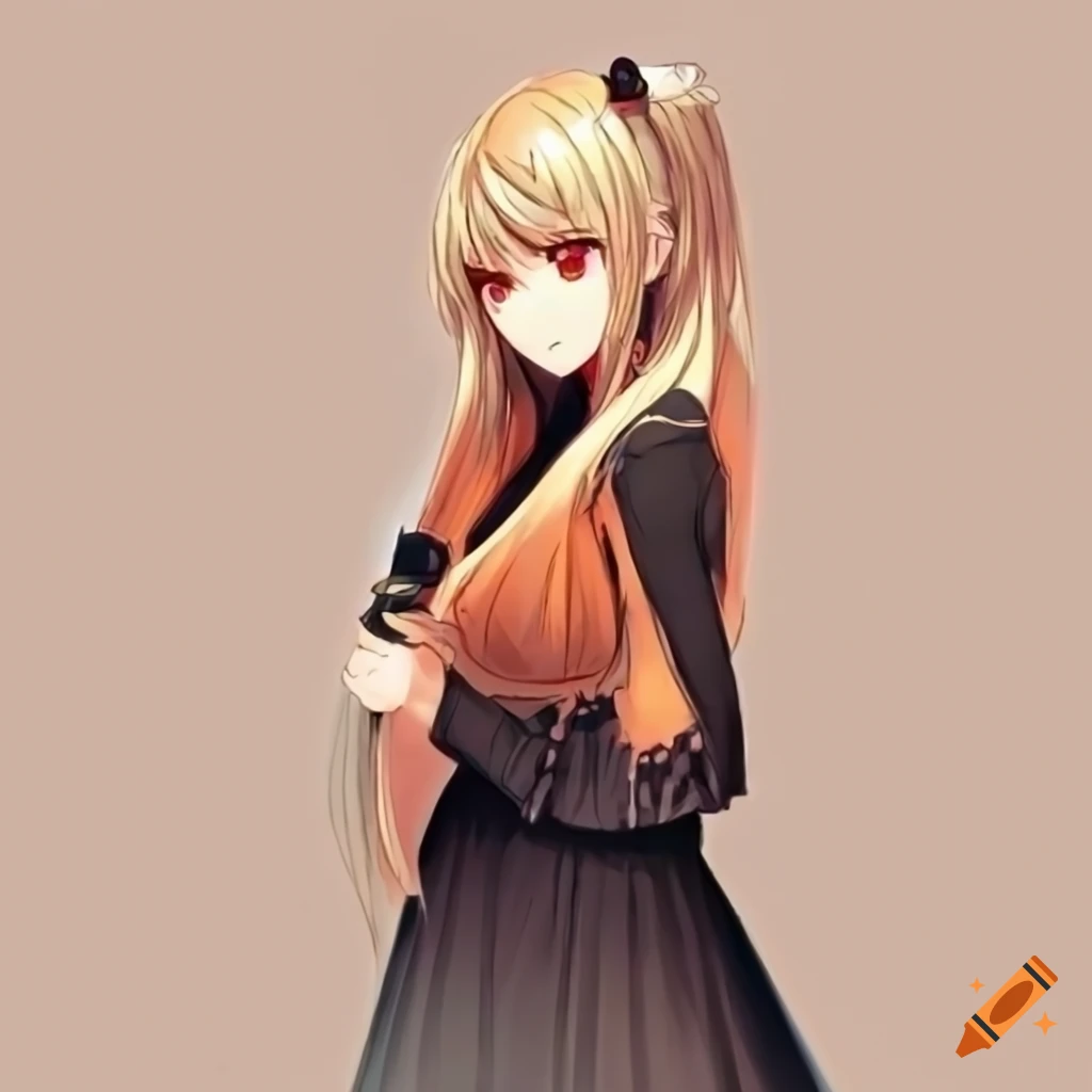 detailed illustration of a beautiful anime girl with blonde hair and red eyes