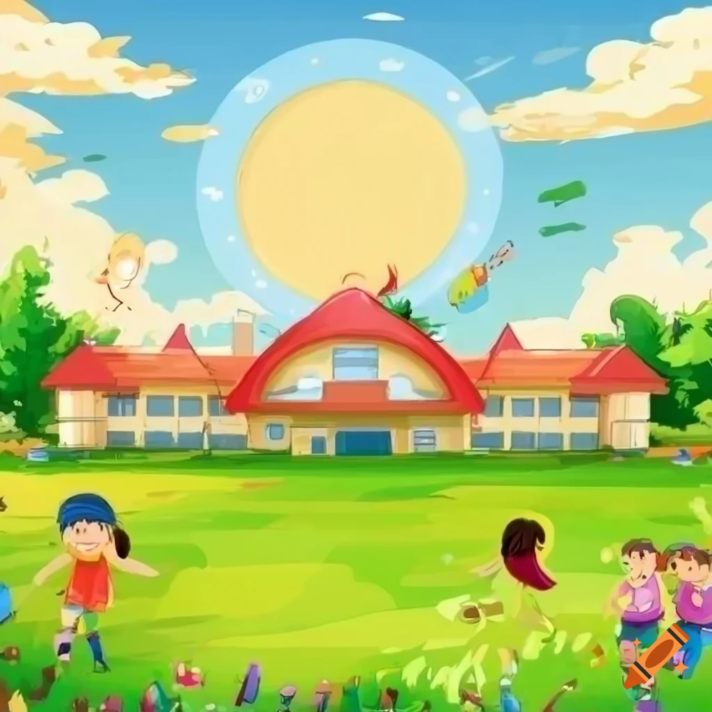 Ghibli-style illustration of kids playing in a school ground