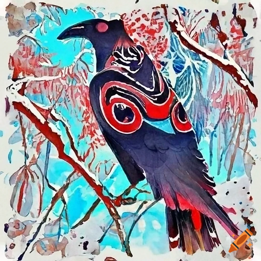 color woodblock print of a raven in a snowy forest