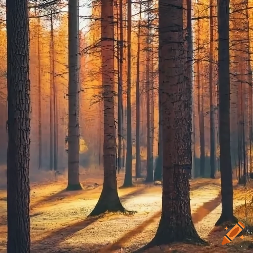 autumn morning in a pine tree forest in Finland