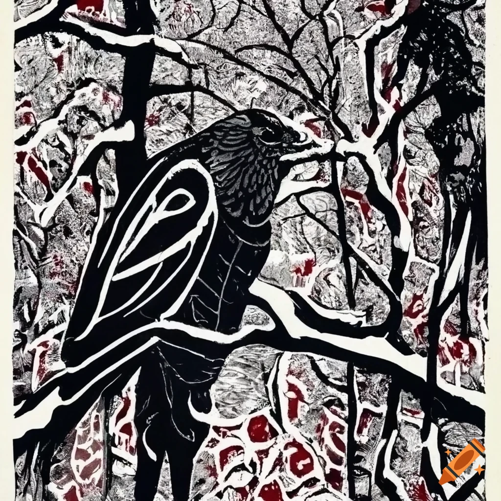 color woodblock print of a raven in a snowy forest
