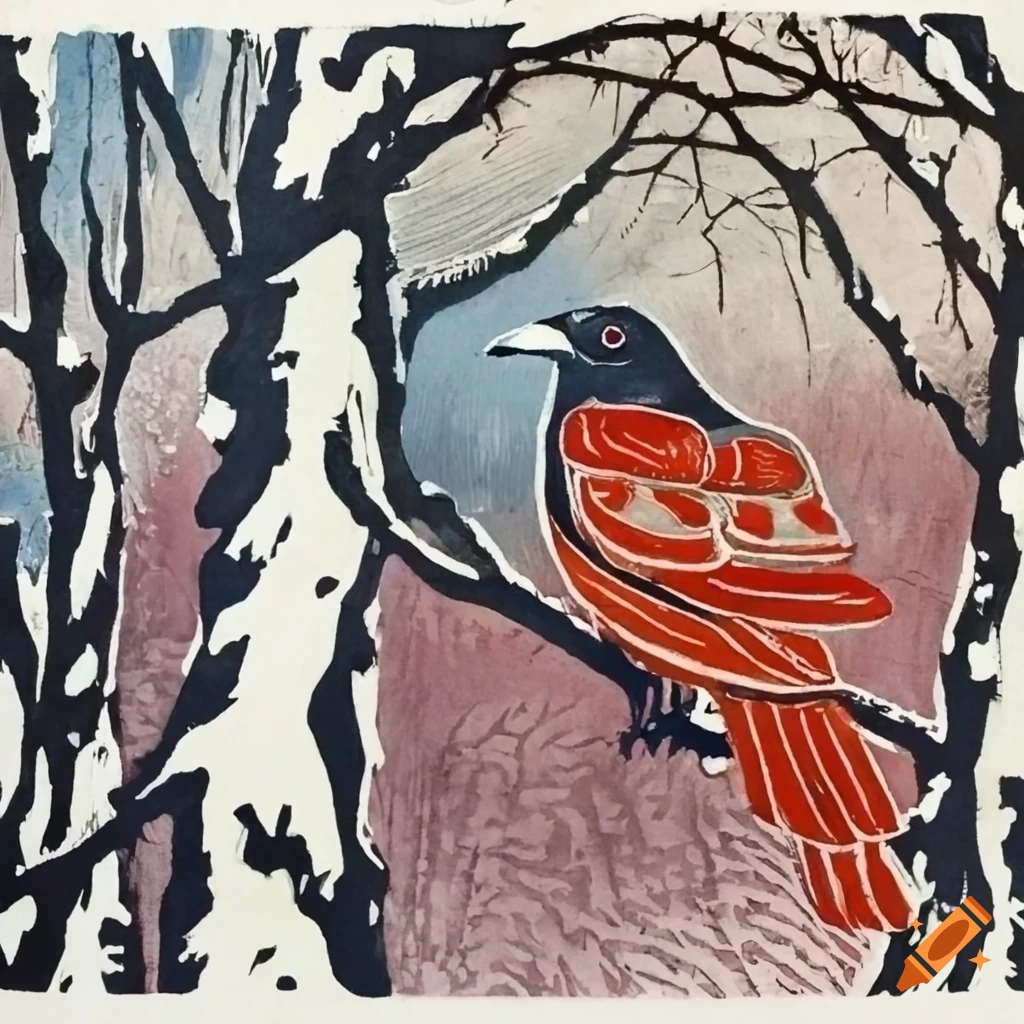 color woodblock print of a raven in a snowy forest