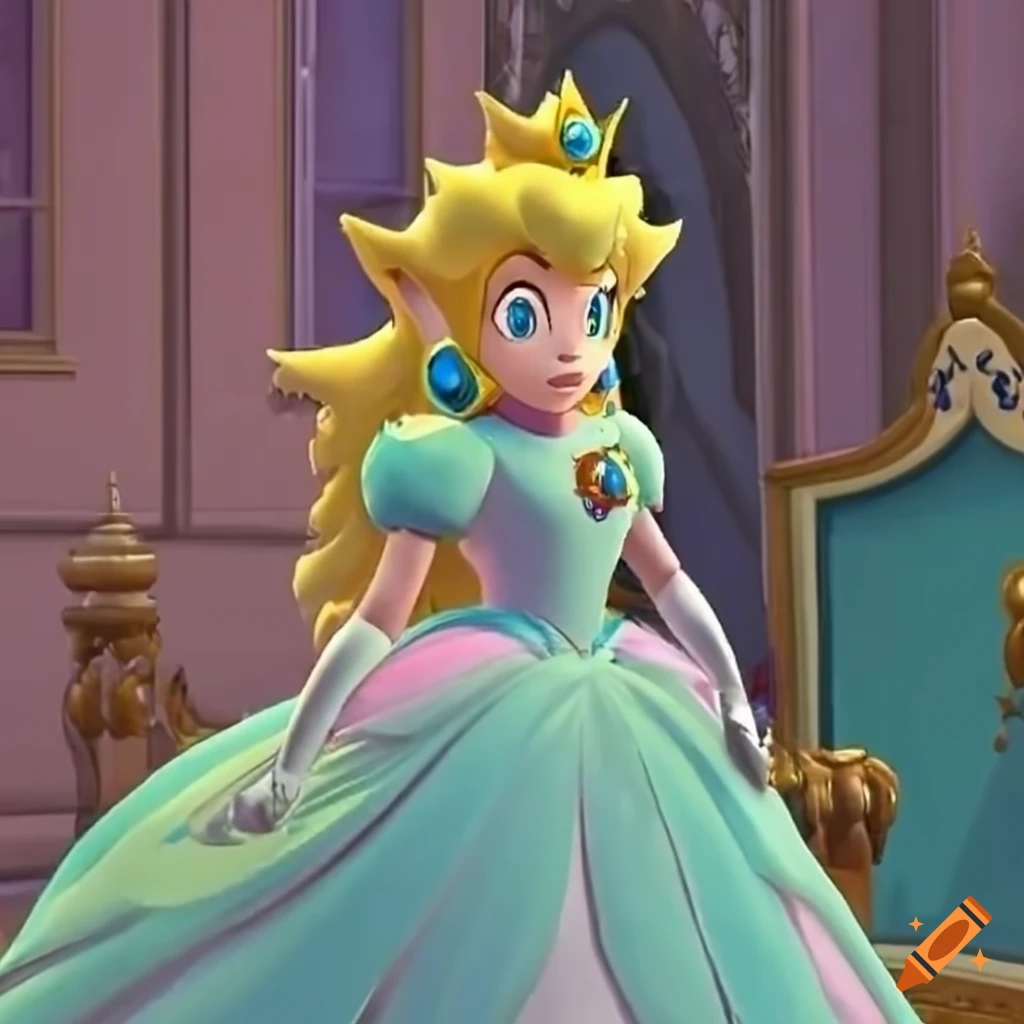 princess Peach in a beautiful ballgown descending a staircase