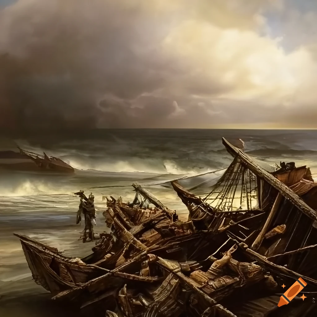 highly detailed artwork of ancient shipwrecks onshore