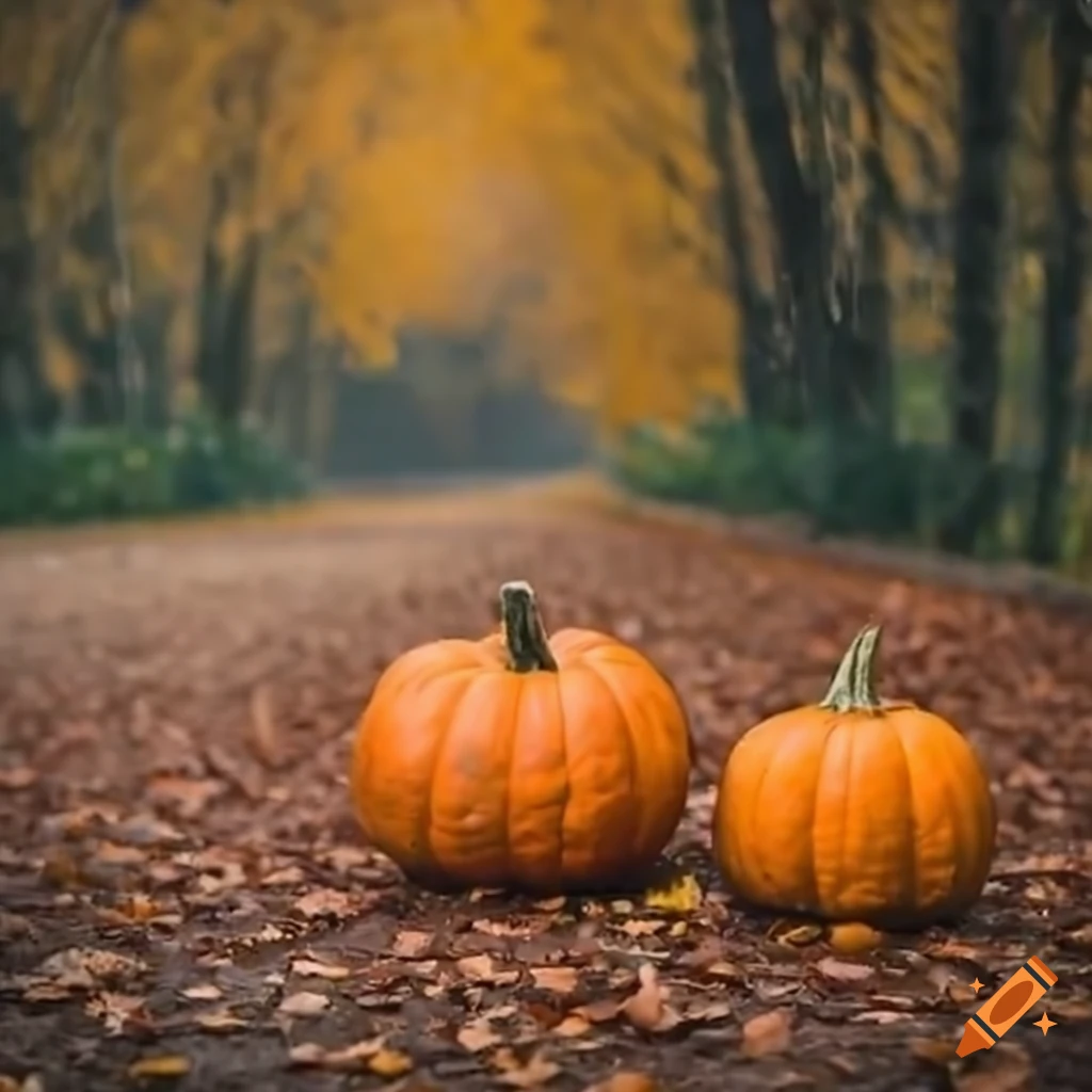 autumn scene with rain and pumpkins