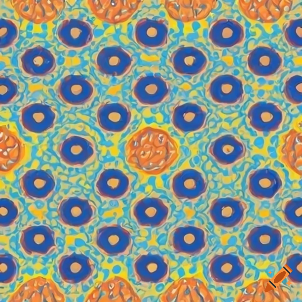 cartoon style pattern with orange and yellow dots on navy blue background
