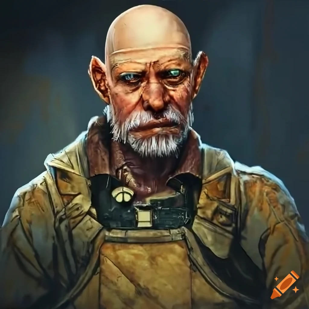 image of an old bald engineer in a yellow suit
