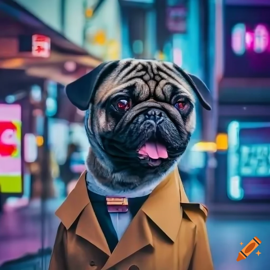 futuristic pug in a Japanese market