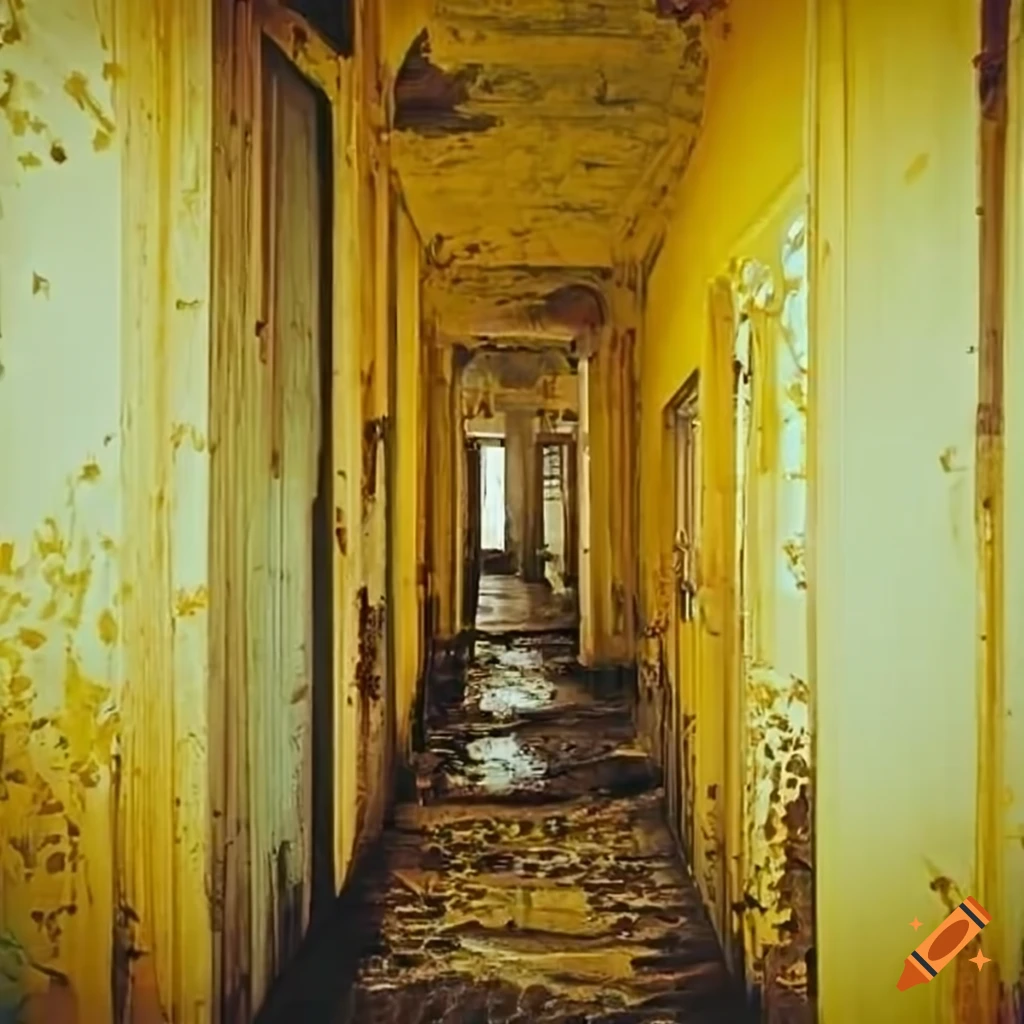 yellow hallway with decaying walls
