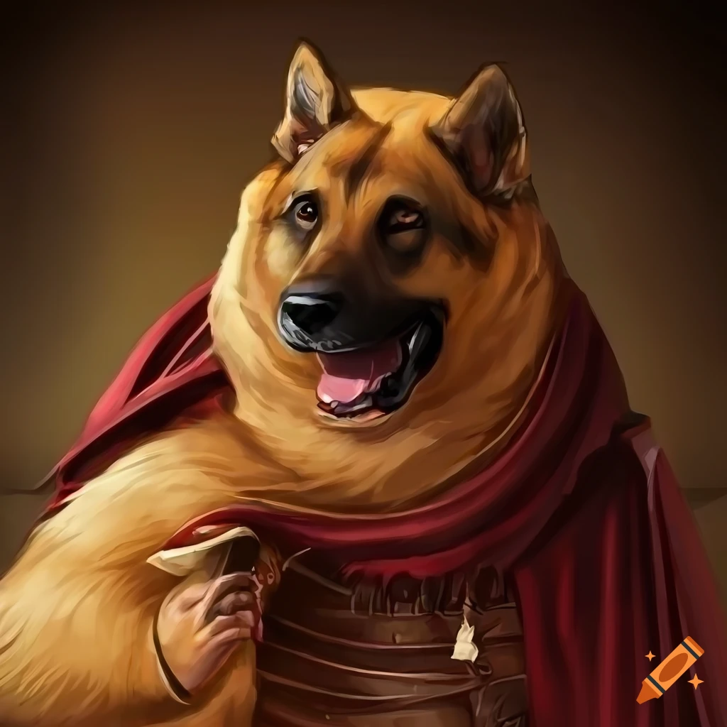 digital art of a gluttonous german shepherd in roman senator attire