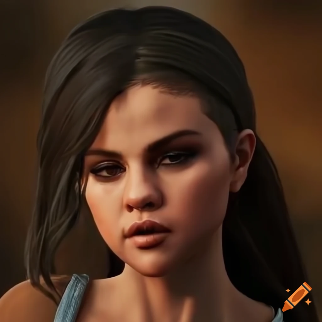 close-up of Selena Gomez with dark hair and black eyes