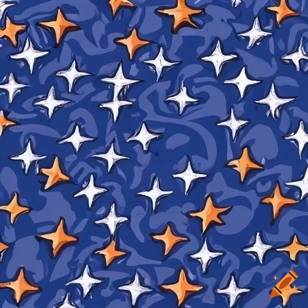 90s style cartoon pattern with orange stars on navy blue background