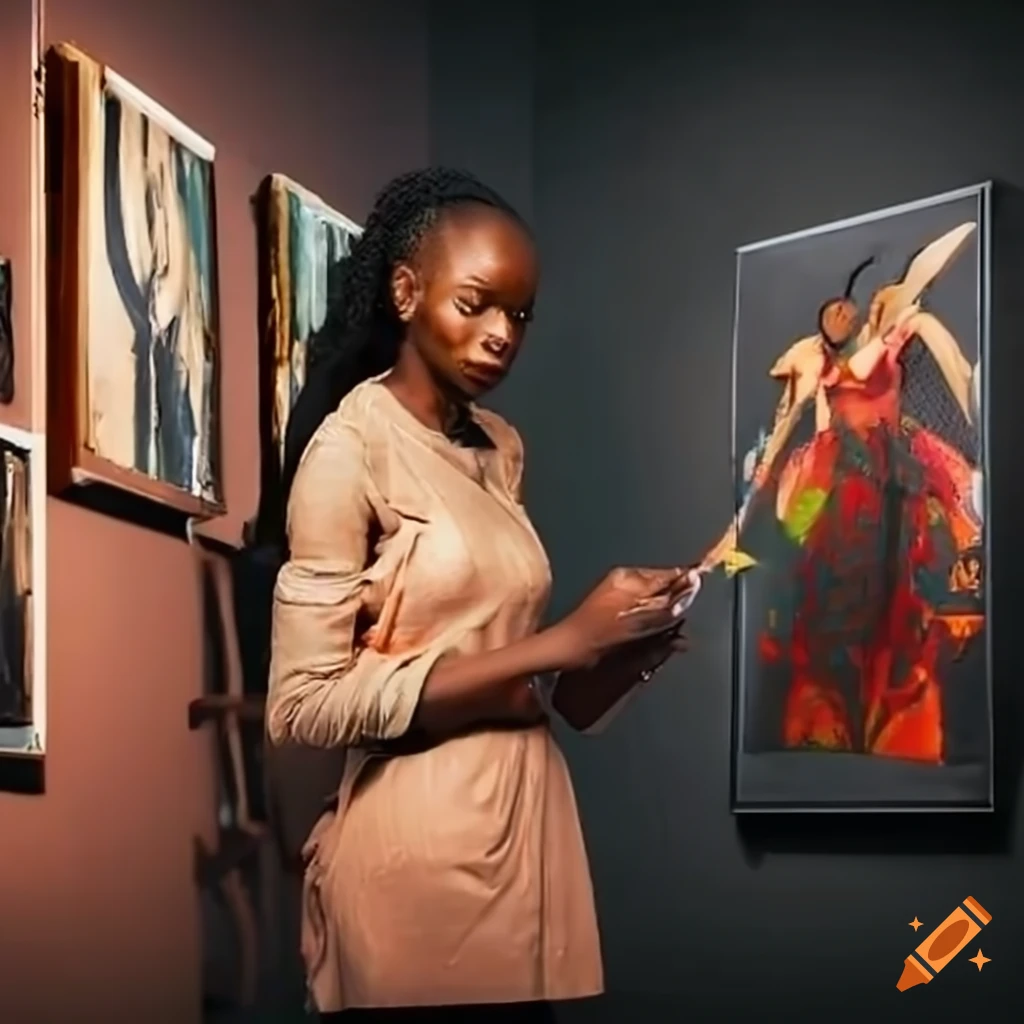 african artists discussing artwork in a gallery