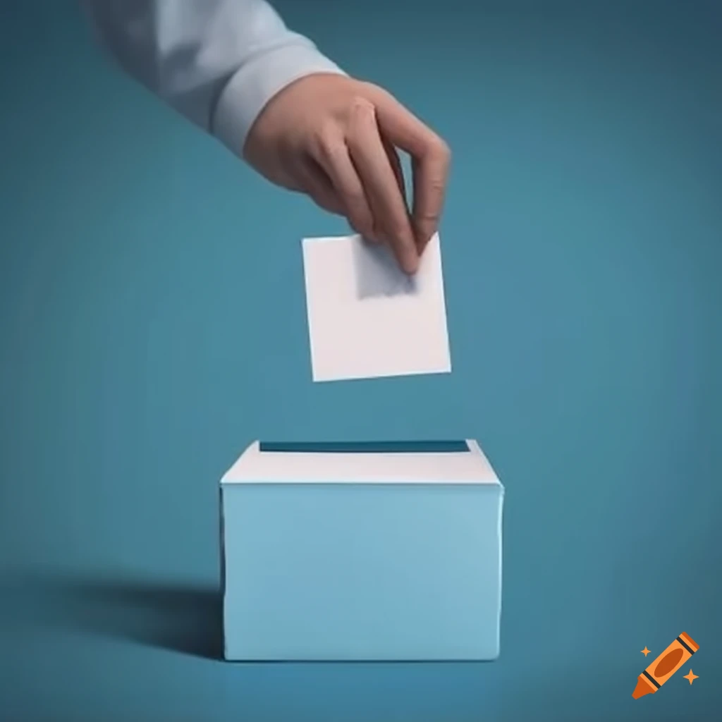 hand placing a voting card in a blue ballot box