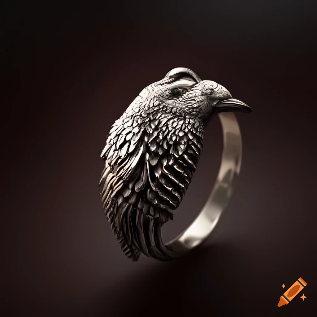 silver ring with raven insignia in warm light