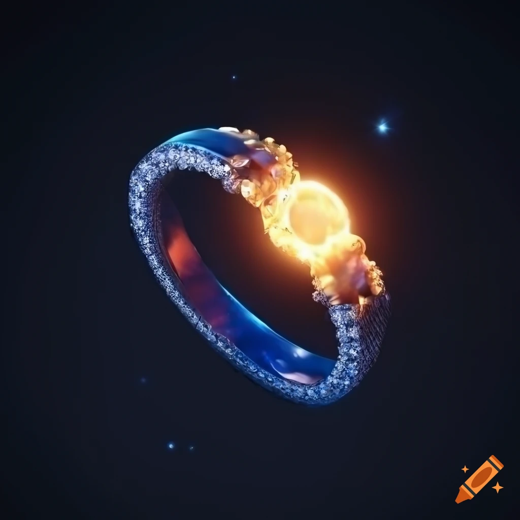 elegant ring with a glowing stud and starry sky background