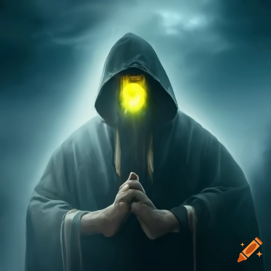 image of a hooded monk standing on a stormy mountain