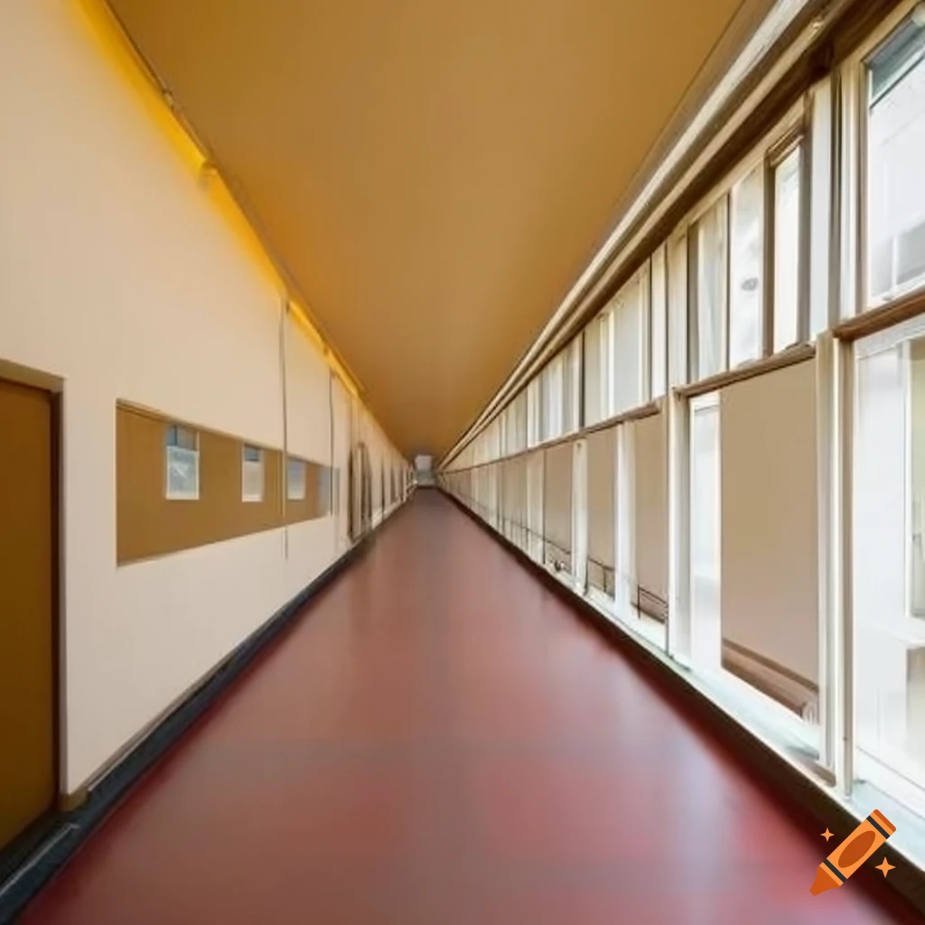 a school corridor with classrooms and a hall