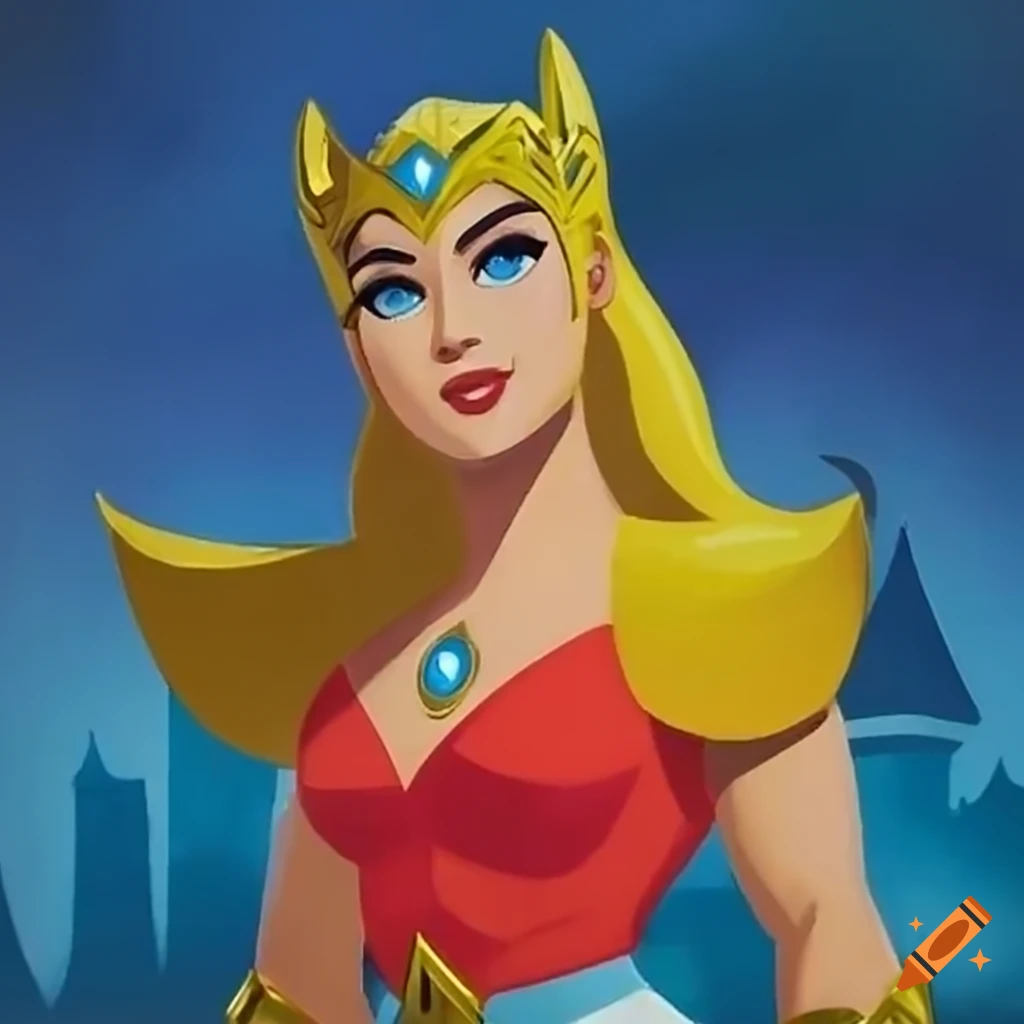 She-Ra inspired cartoon character with red and yellow jumpsuit