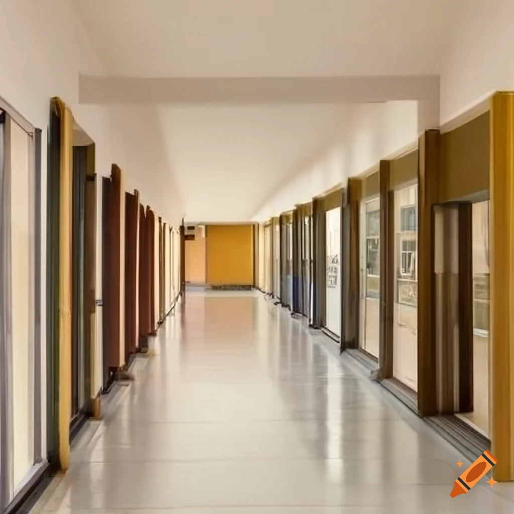 a school corridor with classrooms and a hall