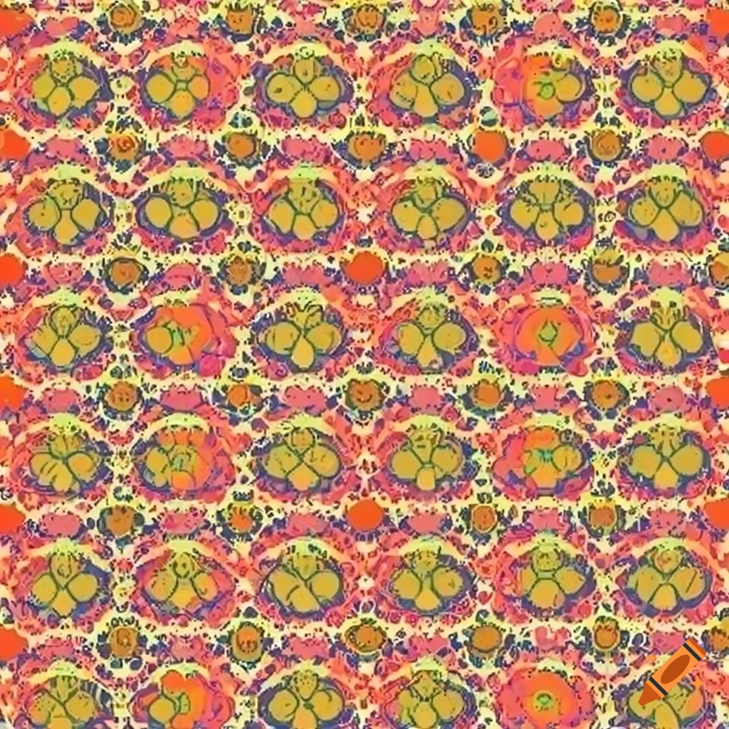 cartoon style pattern with orange and yellow dots on navy blue background
