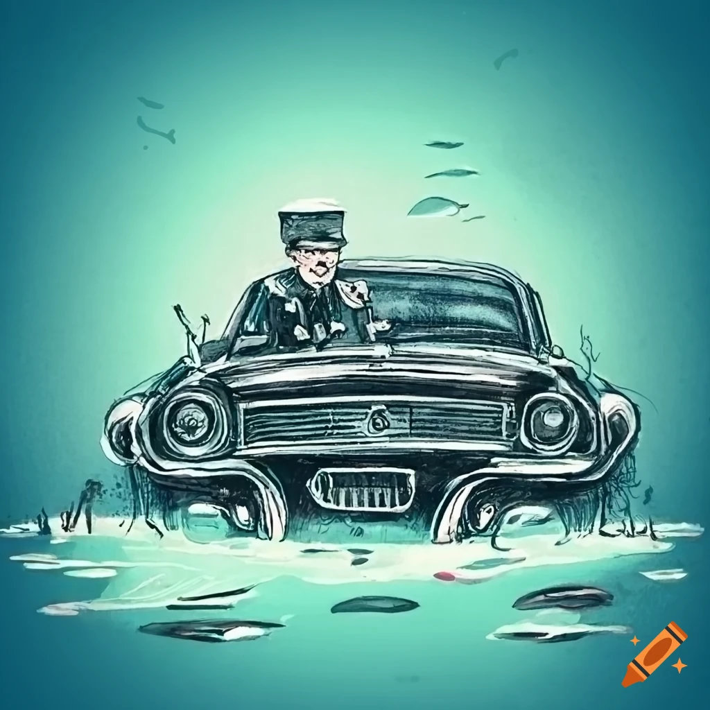 British police officer and vintage car in a pond