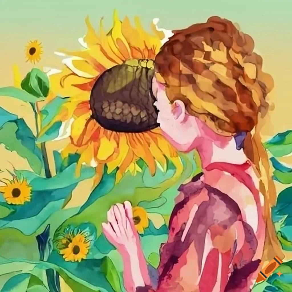 girl communicating with a sunflower