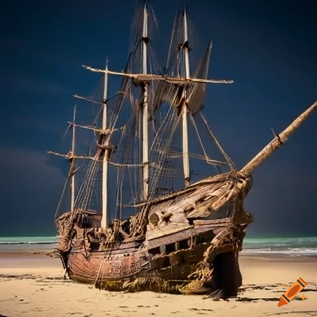 Spanish galleon shipwreck on a sandy beach