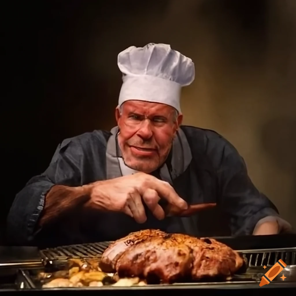Ron Perlman cooking at a grill
