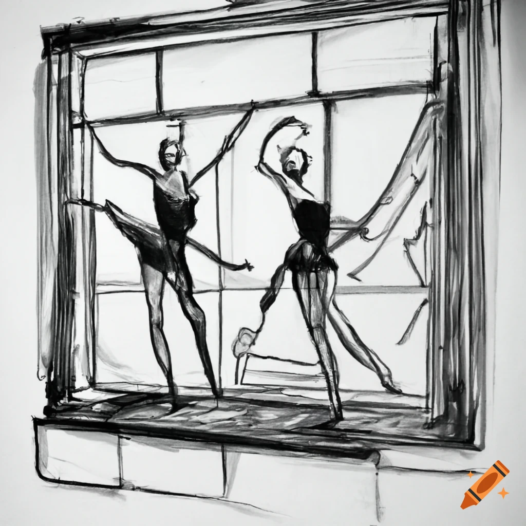 one point perspective sketch of a ballet themed shop window