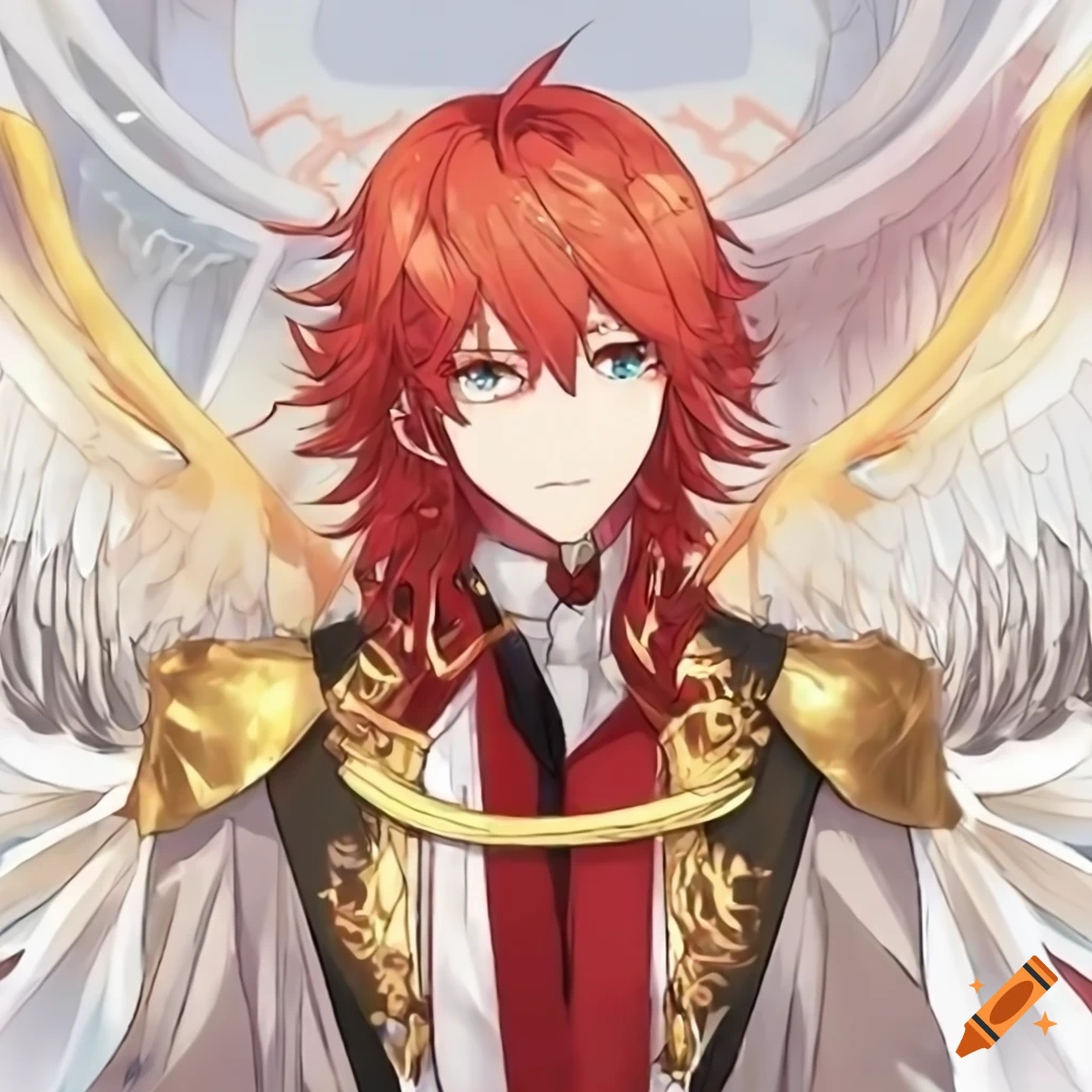 Anime character with red hair, golden eyes, royal attire, and angelic ...
