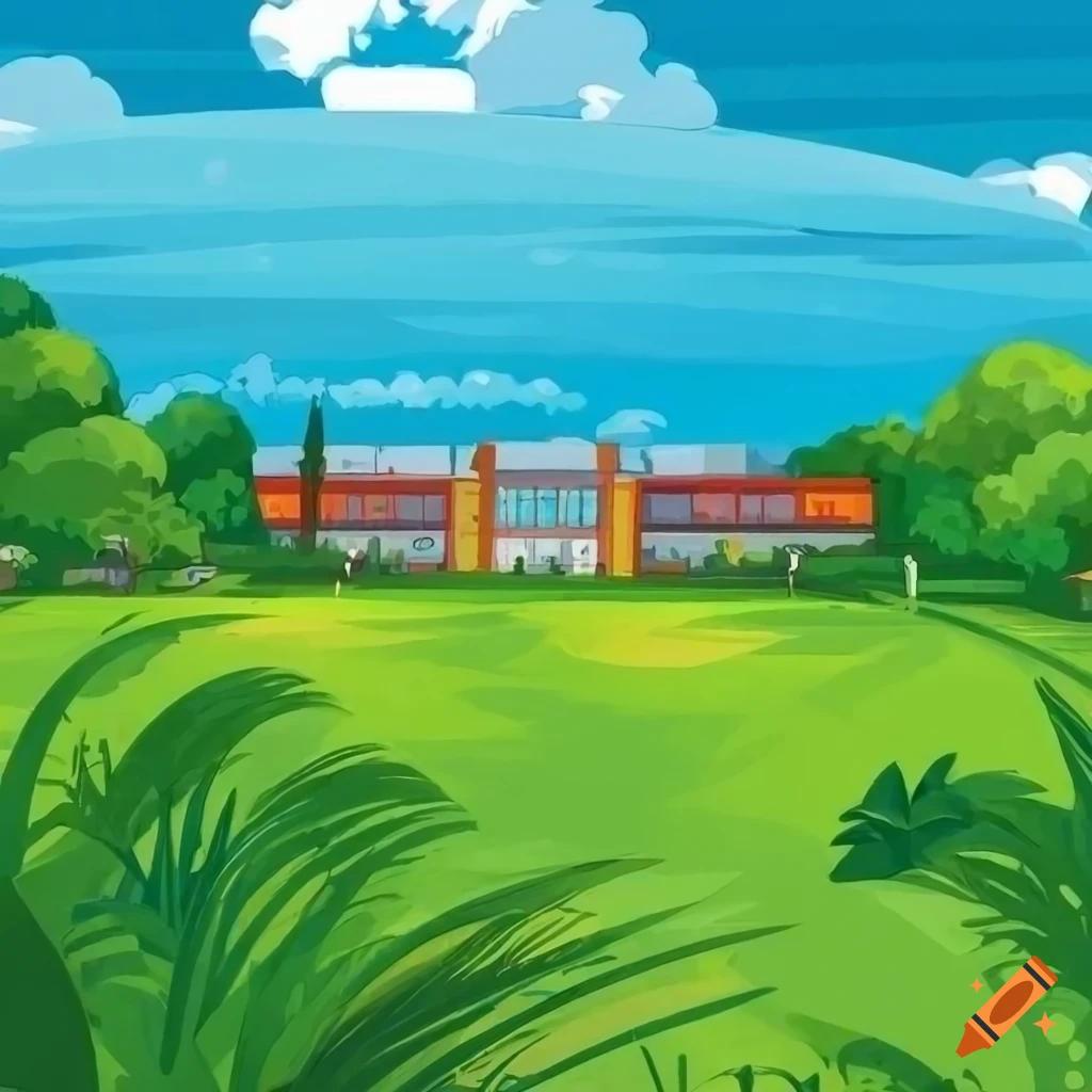Ghibli-style illustration of a school in a detailed ground setting