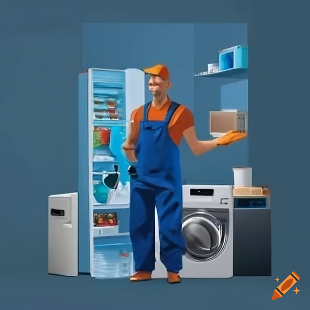 handyman with blue overalls in front of appliances