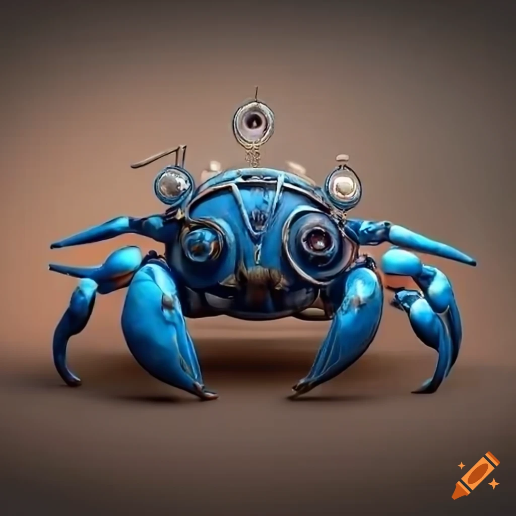 hyper realistic 3D rendering of a VW Beetle as a steampunk crab in a Martian ocean