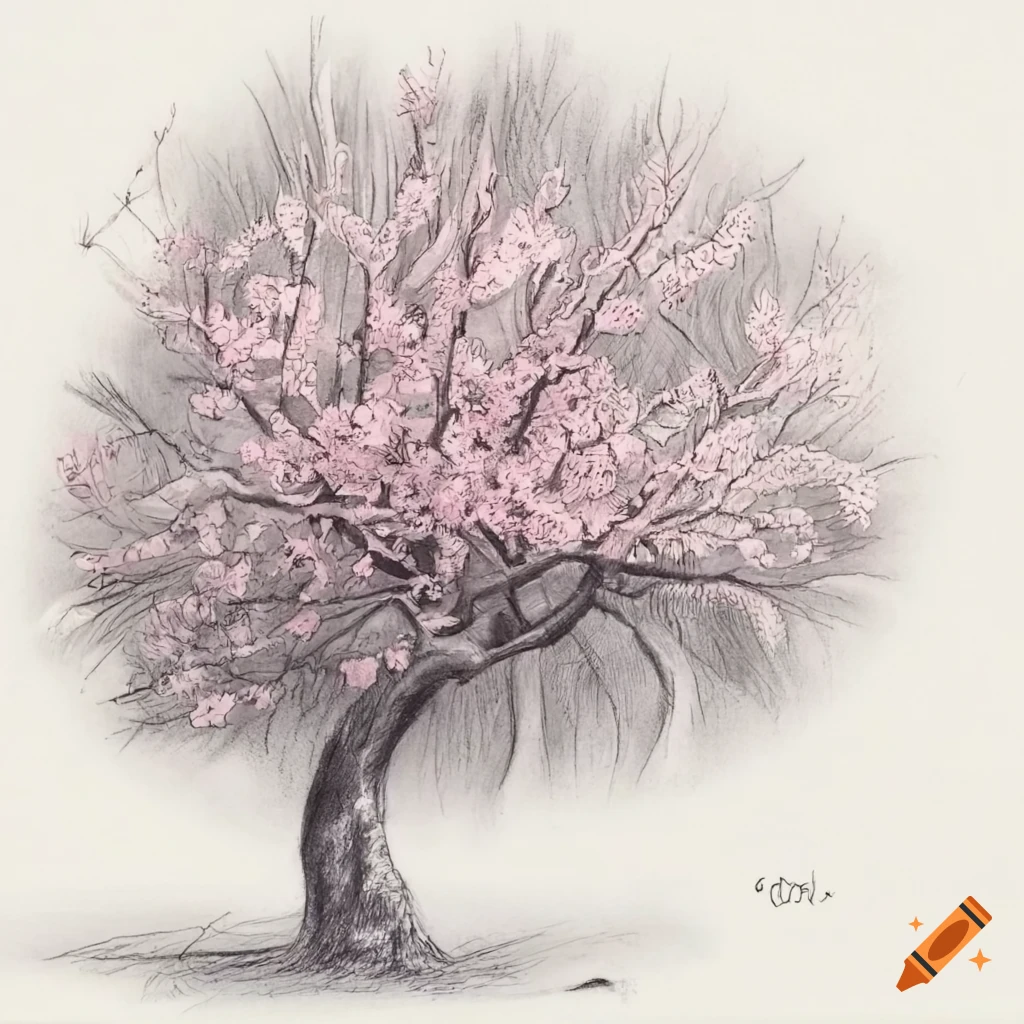 pencil drawing of a summer sakura tree