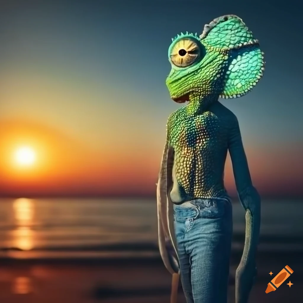 chameleon sitting on the beach at sunset