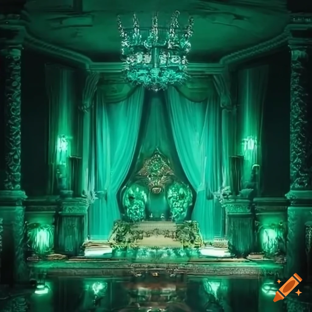 emerald green lit virtual throne room