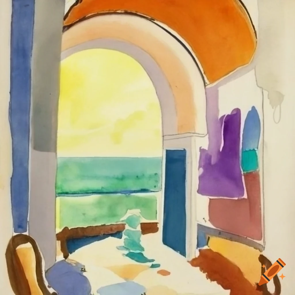 studio with skylight and watercolor paintings