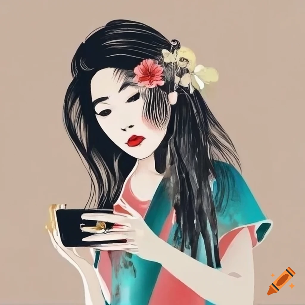 Japanese ink painting of a woman taking a selfie