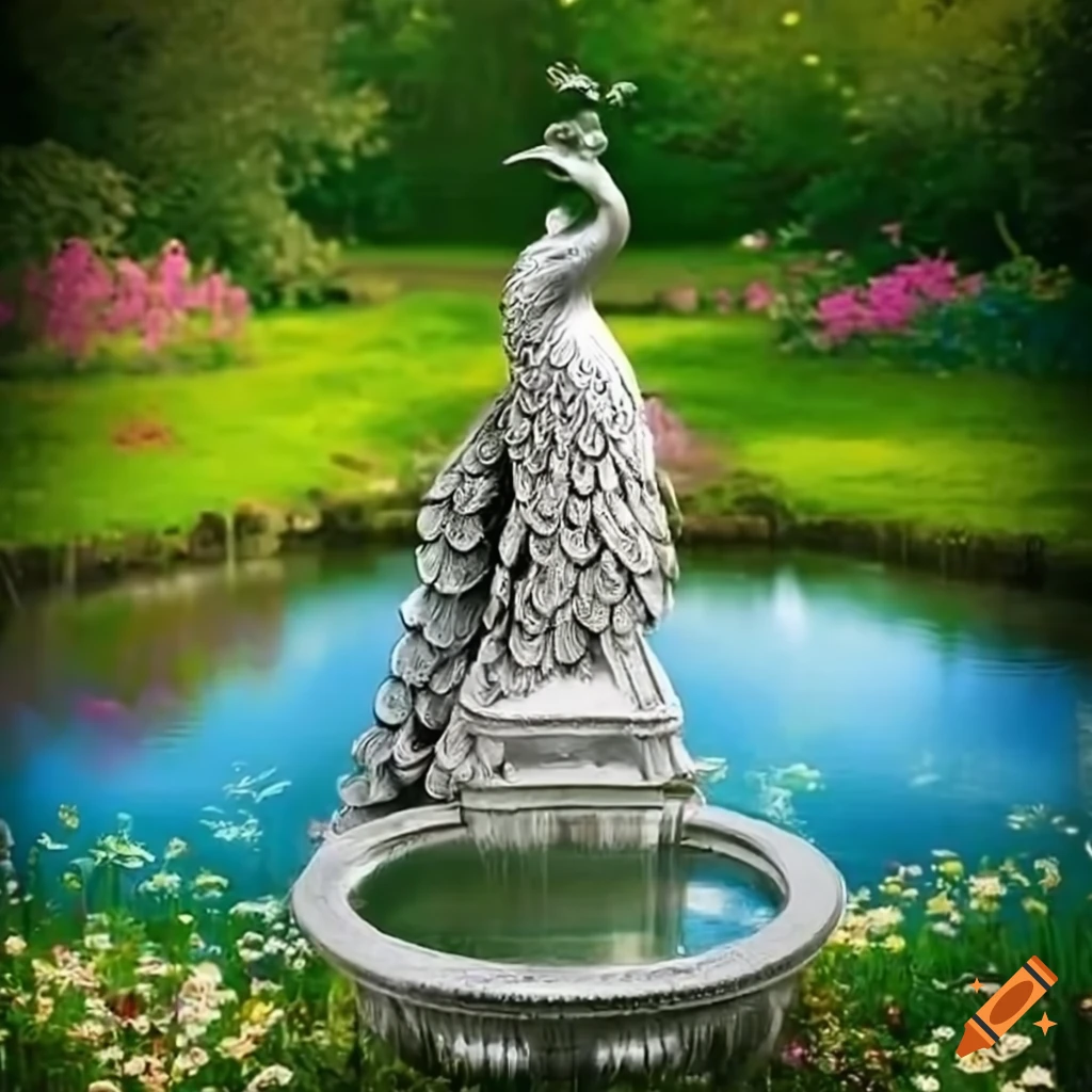 silver peacock statue on fountain in a Victorian garden